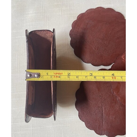 Artisan Hand-Tooled Embossed Peruvian Leather Coasters Set of 6 w/ Holder VTG - Picture 9 of 12